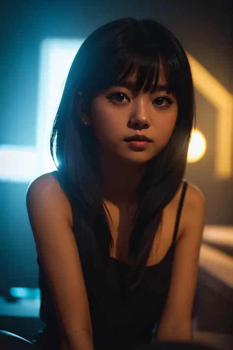 single beautiful girl, deep dark background, cinematic light, hi-key