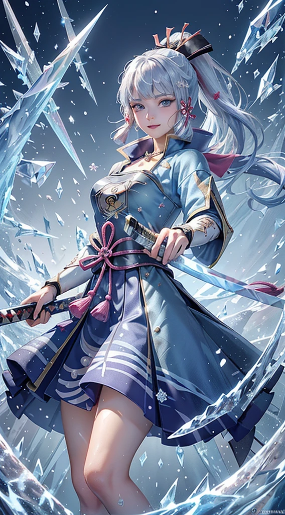 ((kamisatoayakadef)),1 Anime Girl, Warrior, Realistic people,Realistic, beautiful, smile, elegant, Majestic, Splash Art, Particles of light, Diamond Blade, (Cold Energy, Cold Blast, cold water: 1.4) Dynamic pose, ((Japanese Sword,Grab your sword))((Holding a sword)),milky way, (Fractal Art:1.1), (colorful:1.1),(iceの花:1.4), (Spiral Splash), Most detailed,(Tangled:1.1),(抽象的なbackground:1.1), (Shiny skin), (Many colors:1.4), Ultra-high resolution, retina, masterpiece, Accurate, Anatomically correct, texture.(background:ice-flurry, snow,ice-shard, ice, crystallization)
