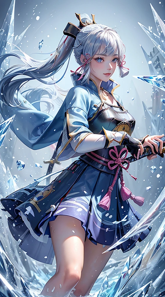 ((kamisatoayakadef)),1 Anime Girl, Warrior, Realistic people,Realistic, beautiful, smile, elegant, Majestic, Splash Art, Particles of light, Diamond Blade, (Cold Energy, Cold Blast, cold water: 1.4) Dynamic pose, ((Japanese Sword,Grab your sword))((Holding a sword)),milky way, (Fractal Art:1.1), (colorful:1.1),(iceの花:1.4), (Spiral Splash), Most detailed,(Tangled:1.1),(抽象的なbackground:1.1), (Shiny skin), (Many colors:1.4), Ultra-high resolution, retina, masterpiece, Accurate, Anatomically correct, texture.(background:ice-flurry, snow,ice-shard, ice, crystallization)
