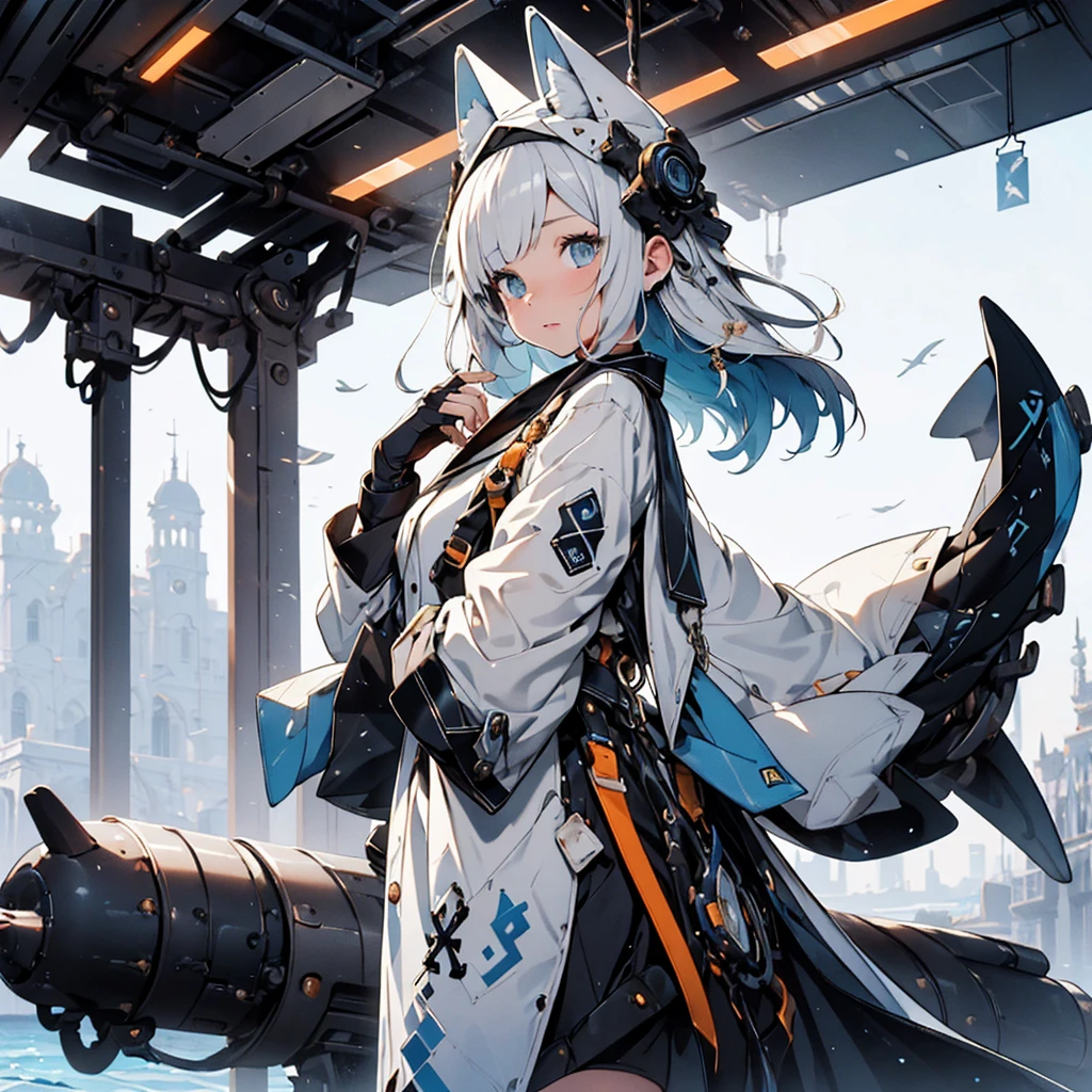 1girl、The best dynamic composition、hbyxcj, scenery、(((最high quality、最高masterpiece、Super detailed、Official Art、The best dynamic composition)))、Anime Style、Dynamic pose、Dynamic composition、whole body,masterpiece, 最high quality, high quality, Very detailed CG uniform 8k wallpaper, arm written depth, High resolution, bloom, chromatic aberration, realism, Very detailed, Art Station Complex, High detail, dramatic、Huge⚓、anchor、In a white sailor suit、Light blue line、Sailor、Gray hair and light blue gradient hair color、Sparkling、The glow of the sea is reflected、Disorganized、Fantasy、Fantasy、 long sleeves, fingerless gloves,