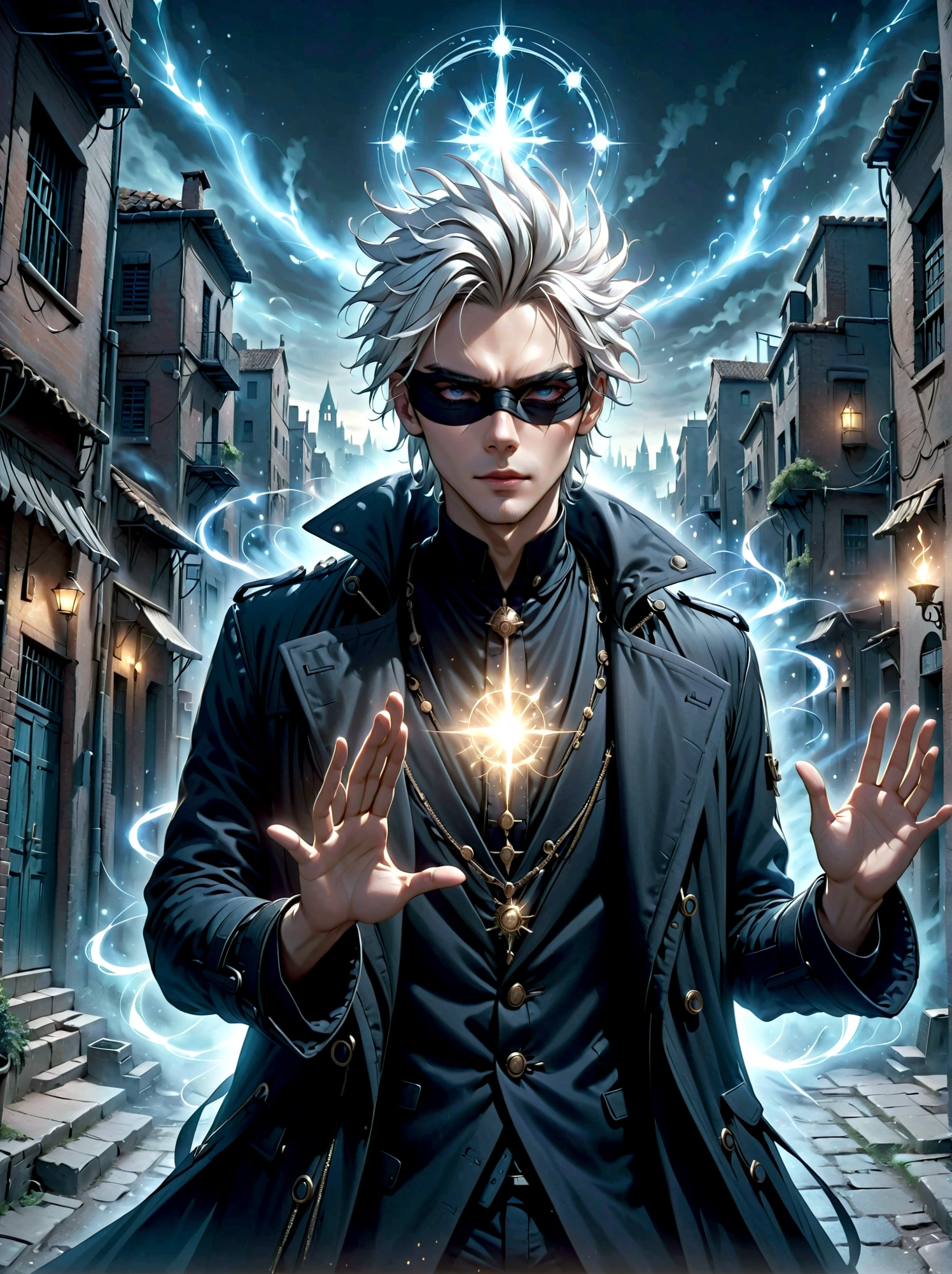 A tall individual with striking white spiky hair, dressed in a black coat. Their eyes are obscured by a blindfold, yet they radiate an aura of power. They perform mystic hand gestures as if to invoke some sort of magic spell. The setting around them is an urban area with a hint of ancient mystical charm.