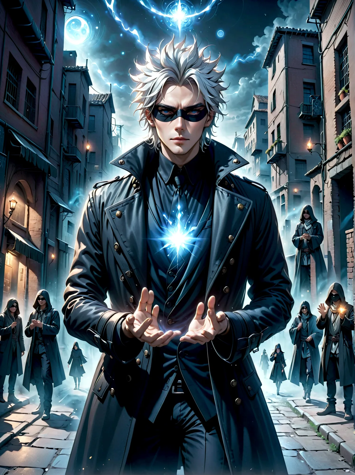 A tall individual with striking white spiky hair, dressed in a black coat. Their eyes are obscured by a blindfold, yet they radi...