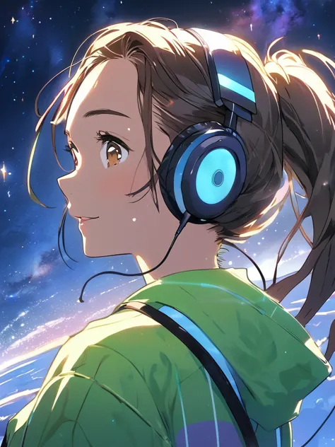  Night view, ponytail, Brown eyes, Flat Chest,  of the future, Aurora shining in the night sky, beautiful, Headphones