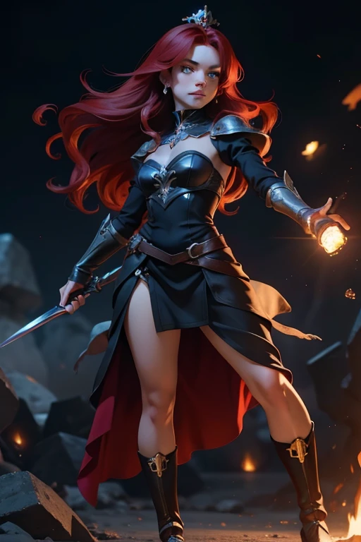 Princesa das trevas com os olhos de sangue, red hair, crown, evil smile, anime style, lens flare, high detail, first-person view, cinematic lighting, masterpiece, super detail, best quality, 8k, UHD((Full body closeup,)) gloomy black castle setting, Sensual and arrogant princess Combat stance, furious gaze 