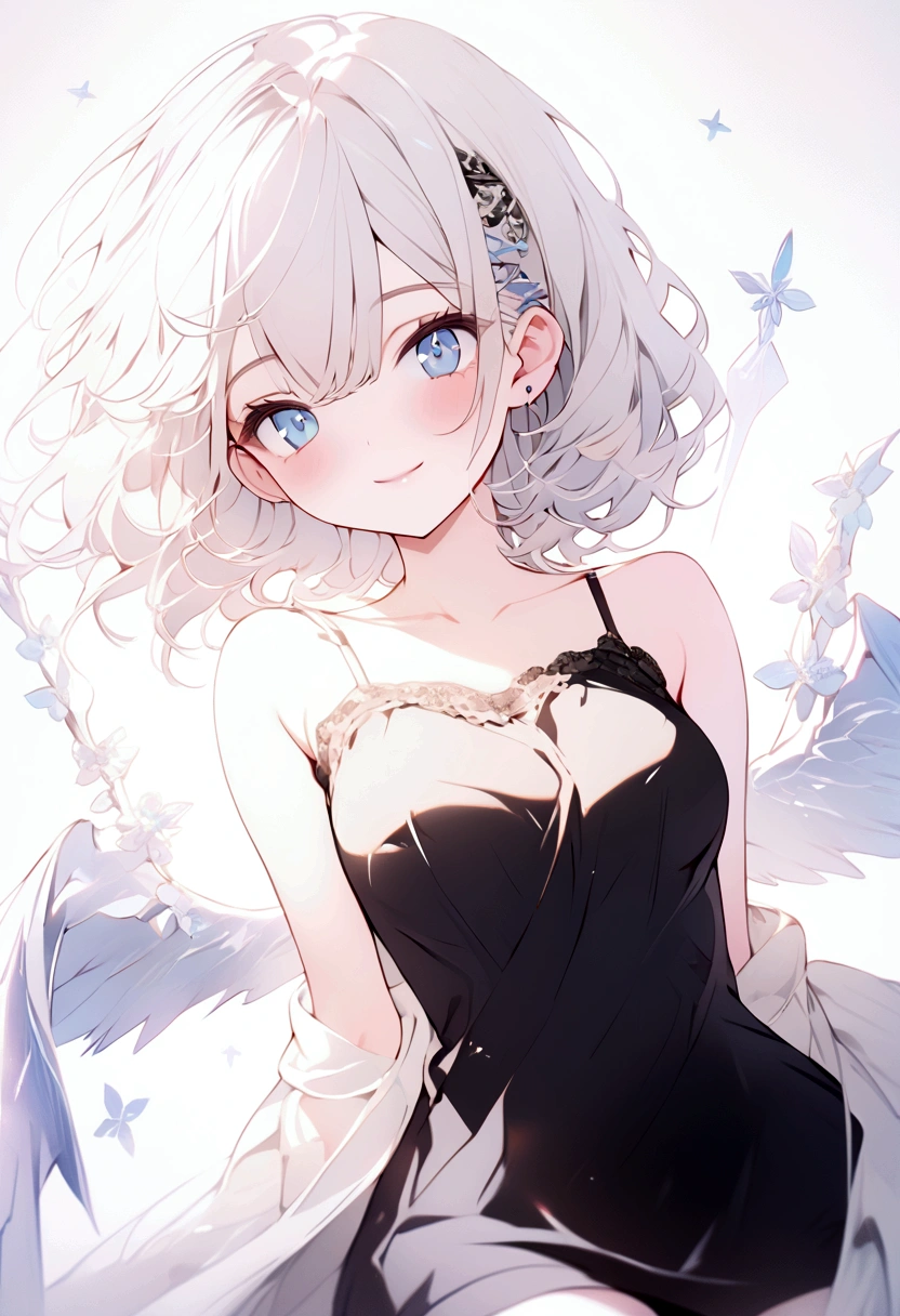 beautiful, masterpiece, Highest quality, anime, One girl, C Cup,Portrait Shot, View your viewers, Intricate details,>,((Covered、Short Hair、nearby、Blue Eyes、art、、White hair,Blue streaked hair、wallpaper、、white_gloves、hairpin、smile、Thighs、、lotion、Lying on your back、side、camisole