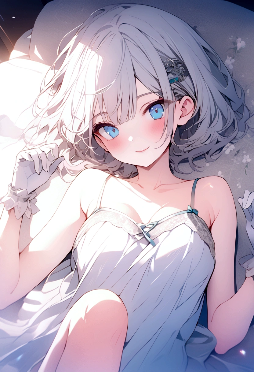 beautiful, masterpiece, Highest quality, anime, One girl, C Cup,Portrait Shot, View your viewers, Intricate details,>,((Covered、Short Hair、nearby、Blue Eyes、art、、White hair,Blue streaked hair、wallpaper、、white_gloves、hairpin、smile、Thighs、、lotion、Lying on your back、side、camisole