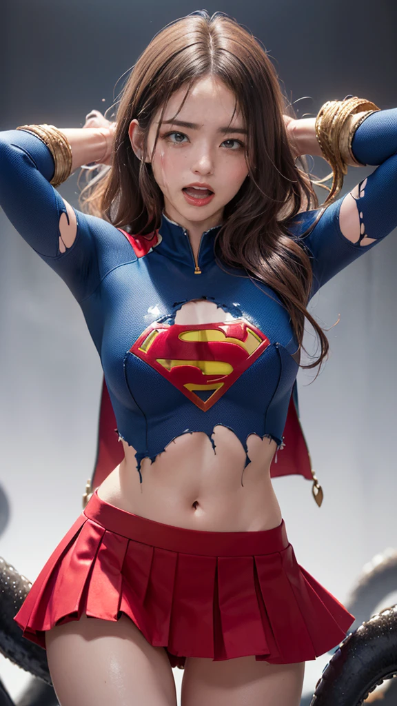 (8K、de la máxima calidad、obra maestra:1.2)、(Realism、Fotorrealista:1.37)、Ultra Alta Definición、(de la máxima calidad)、(obra maestra)、Supergirl atrapada por tentáculos、(Ajuste perfecto body、Ajuste perfecto、muslos perfectos)、(((Usando el traje de Supergirl、falda、dañado、rasgado、Thighs in rasgado clothes、 brazos expuestos)))、pelo largo、pelo largo、(((ropa andrajosa、demasiada exposición、rasgado clothes、引き裂かれたfalda、ボロボロのfalda、liquido blanco por todo el cuerpo、 se adhiere al cuerpo、 En la cara、líquido de color blanco en el pecho、)))、(((El trasfondo es una prisión、Manos entrelazadas detrás de la cabeza、rodeado de tentáculos、El cuerpo está conectado por muchos tentáculos..、Manos atadas por tentáculos、Las piernas están atadas con tentáculos.、Tentáculos tanteando todo el cuerpo.、color々Mujer madura posando))),(abre la boca、Gritar、dolorでうめき声をあげる, dolorを感じ, lágrimas que fluyen:1.5), dolor, I&#39;m in dolor and crying、Un trozo de carne está atrapado en su entrepierna.、