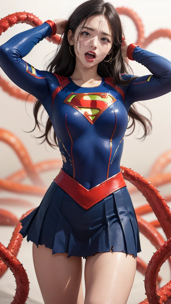 (8K、de la máxima calidad、obra maestra:1.2)、(Realism、Fotorrealista:1.37)、Ultra Alta Definición、(de la máxima calidad)、(obra maestra)、Supergirl atrapada por tentáculos、(Ajuste perfecto body、Ajuste perfecto、muslos perfectos)、(((Usando el traje de Supergirl、falda、dañado、rasgado、Thighs in rasgado clothes、 brazos expuestos)))、pelo largo、pelo largo、(((ropa andrajosa、demasiada exposición、rasgado clothes、引き裂かれたfalda、ボロボロのfalda、liquido blanco por todo el cuerpo、 se adhiere al cuerpo、 En la cara、líquido de color blanco en el pecho、)))、(((El trasfondo es una prisión、Manos entrelazadas detrás de la cabeza、rodeado de tentáculos、El cuerpo está conectado por muchos tentáculos..、Manos atadas por tentáculos、Las piernas están atadas con tentáculos.、Tentáculos tanteando todo el cuerpo.、color々Mujer madura posando))),(abre la boca、Gritar、dolorでうめき声をあげる, dolorを感じ, lágrimas que fluyen:1.5), dolor, I&#39;m in dolor and crying、Un trozo de carne está atrapado en su entrepierna.、