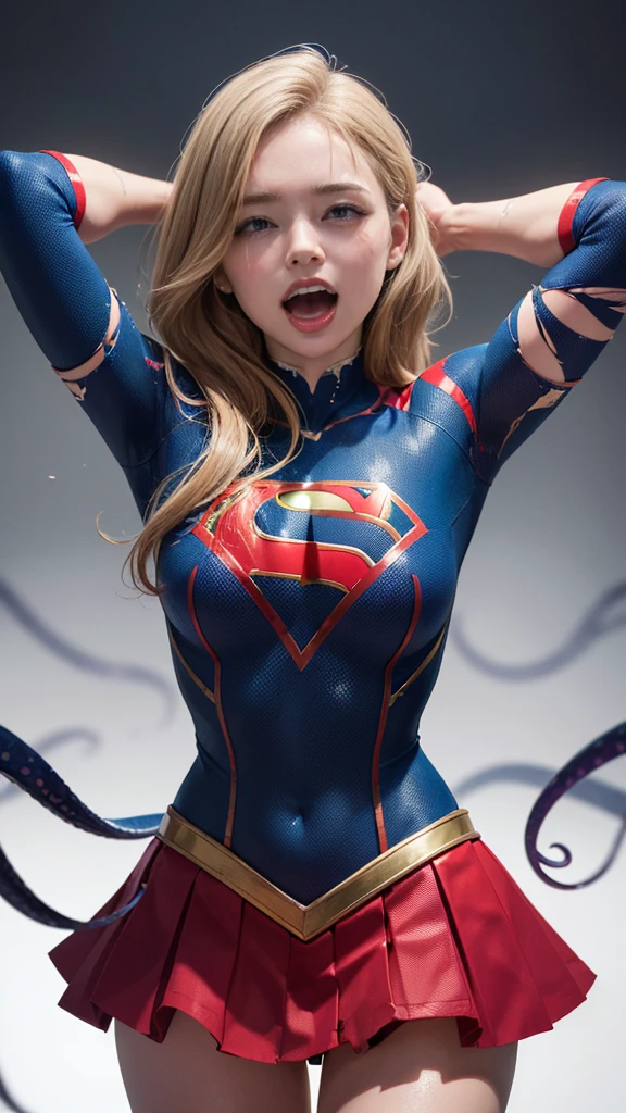 (8k、Highest quality、masterpiece:1.2)、(Realism、Photorealistic:1.37)、Ultra high definition、(Highest quality)、(masterpiece)、Supergirl trapped by tentacles、(Perfect fit body、Perfect fit、Perfect Thighs)、(((Wearing the Supergirl suit、skirt、Damaged、torn、Thighs in torn clothes、 Exposed arms)))、Long Hair、Long Hair、(((Tattered clothes、Too much exposure、torn clothes、Torn skirt、Tattered skirt、White liquid all over the body、 sticks to the body、 on the face、胸に白Farbeの液体、)))、(((The background is a prison、Hands clasped behind head、Surrounded by tentacles、The body is connected by many tentacles.、Hands bound by tentacles、The legs are tied with tentacles、Tentacles groping the whole body、Farbe々Mature woman posing))),(Open your mouth、Scream、Moaning in pain, Feeling pain, Flowing Tears:1.5), pain, I&#39;m in pain and crying、A meat stick is stuck in his crotch、