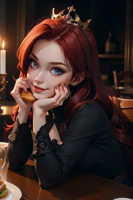 Princesa das trevas com os olhos de sangue, red hair, crown, evil smile, anime style, lens flare, high detail, first-person view, cinematic lighting, masterpiece, super detail, best quality, 8k, UHD((Full body closeup,)) gloomy black castle setting, Sensual and arrogant princess ,Eating like a glutton, table full of food