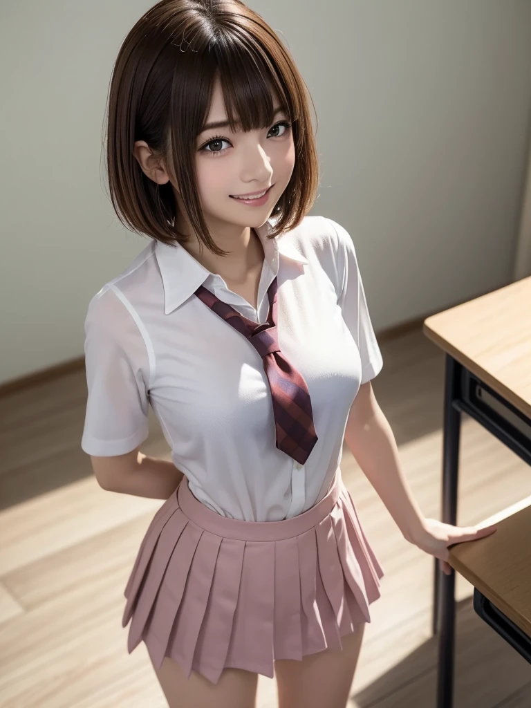 8K, Highest quality, The real picture, Intricate details, Very detailed, Ultra-high resolution, Depth Field,(Realistic,Realistic:1.2),Tabletop , ((Full Body Shot)) , ((Long, slender legs)), 1 girl, eye_Chan, Very beautiful 17 year old girl, innocent big eyes,、Beautiful breasts:1.5、非常に詳細なeye:1.2)、(Beautiful breasts:1.1)、((Brown Hair))、(Short Bob Hair), Asymmetrical bangs, Perfect Skin, Fair skin, Small breasts, Tight waist, alone, Staring at the audience, (smile)、((School_uniform), (White shirt、Wear a tie), (Pink checkered pleated micro mini skirt), ((Fold your arms in front of your chest and act arrogantly)), ((楽しそうなsmile)), ((Perfect hand shape)), (Stand in the classroom)