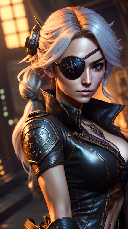 cowboy shot, dutch angle, A beautiful highly detailed anime-style female space pirate, with a modern eye patch and disheveled hair falling over one eye, wearing intricate space fantasy clothing, in an immersive space battle station background, (best quality,4k,8k,highres,masterpiece:1.2),ultra-detailed,(realistic,photorealistic,photo-realistic:1.37),extremely detailed face and eyes, detailed intricate clothing, medium breasts, volumetric lighting, cinematic lighting, vivid colors,dramatic shadows, dynamic composition, left-eyepatch