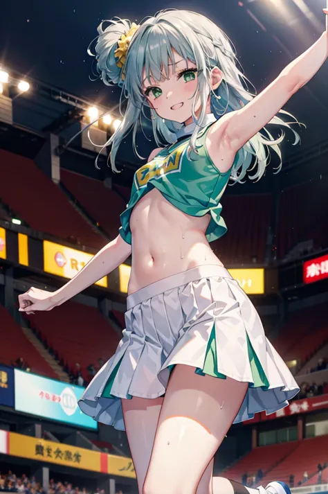 index, index,Silver Hair, (Green Eyes:1.5),Long Hair, (Flat Chest:1.2),Grin,tooth,
,(cheer leading), (whole body), Lower, (Sweat...