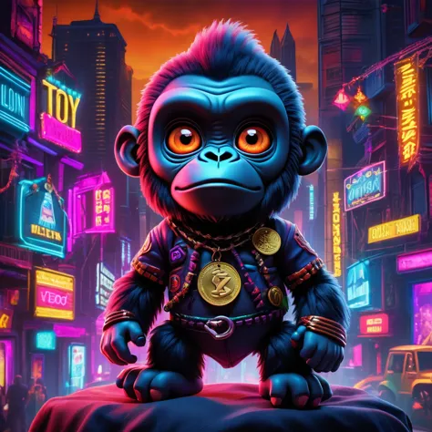 (Knitted toy gorilla doll:1.8), (Voodoo Needle:2.0), (Eyes Shining:1.8), (TON Coin Banner:1.9), (A neon-colored city in the back...