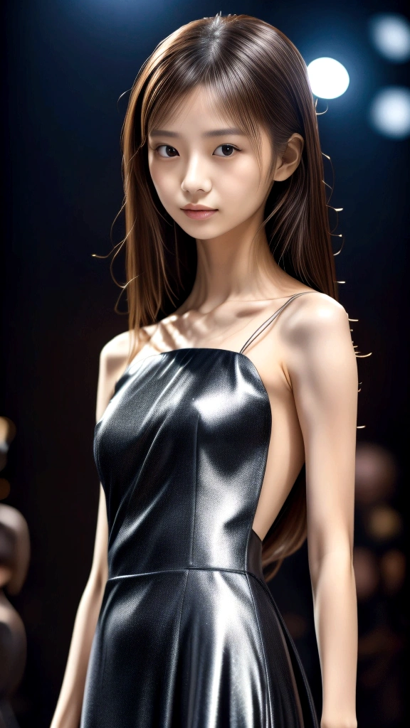 Photo of Japanese pretty woman, Photorealistic,1girl, 
wearing a black long dress with a long hem, haute couture, standing, cinematic lighting, Fantastic and beautiful backgrounds, silver accessories, 