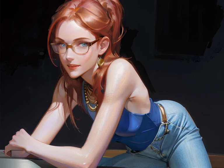 (rule of thirds),((ultra realistic illustration:1.2)), Tall, slender ((redhead)) woman of Irish descent. (pale:1.3)complexion. blue eyes, cute butt, nice legs. Kind eyes, cute ((smile:1.2)). Ponytail, (Eyeglasses), light makeup, necklace, tank top, skinny jeans, stiletto heels. Masterpiece, best quality, (highly detailed:1.2),(detailed face and eyes:1.2), 8k wallpaper, depth of field, studio lighting. core shadows, high contrast, bokeh.