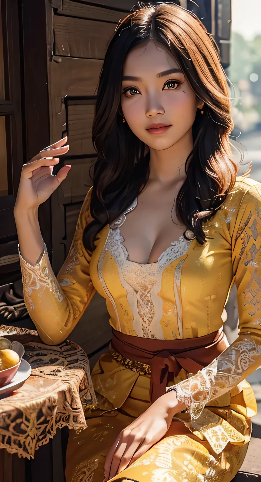 1 Indonesian-Dutch girl, 25 years old, long fashion hair, fit body, small cleavage, skintight white lace kebaya, batik skirt, masterpiece, highly detailed, ultra hd, 8k, detailed face, bright eyes, perfect eyes, detailed skin texture, detailed lips, sexy lips, perfect hands, dynamic angle, cowboy shot,light smile