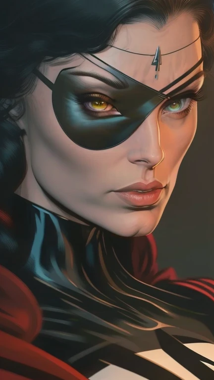woman, heroic, eye patch, heroic outfit, comic art style, detailed facial features, beautiful detailed eyes, beautiful detailed lips, extremely detailed face, long eyelashes, dramatic lighting, vivid colors, dynamic pose, sweeping cape, cinematic composition, (best quality,4k,8k,highres,masterpiece:1.2),ultra-detailed,(realistic,photorealistic,photo-realistic:1.37)