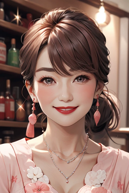 8k, 55 year old mature Japanese woman, Beautiful mature woman, Long eyelashes, Low Ponytail, Red lipstick, Pearl Necklace, Earrings, Pink Eyeshadow, Face Enhancement, smile, Sparkling Eyes, Cleavage