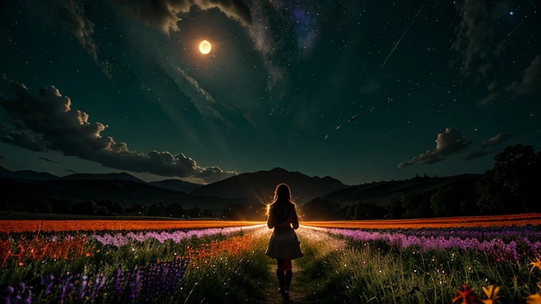 Fotografia de paisagem ampla , (uma vista de baixo que mostra o céu acima e o campo aberto abaixo), uma garota parada no campo de flores olhando para cima, (lua cheia:1.2), ( estrelas cadentes:0.9), (nebula:1.3), montanha distante, árvore BREAK produção arte, (Fonte de luz quente:1.2), (vaga-lume:1.2), lâmpada, muito roxo e laranja, detalhes intrincados, Iluminação Volumétrica BREAK (obra de arte:1.2), (melhor qualidade), 4K, Ultra-detalhado, (composição dinâmica:1.4), Altamente detalhado, Detalhes coloridos,( cores iridescentes:1.2), (iluminação brilhante, iluminação atmosférica), sonhadores, mágico, (Sozinho:1.2)