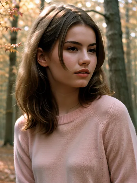 elegant minimalistic photography, 1990s, (beautiful) model wearing a pink jumper, red autumn forest background, natural lighting...