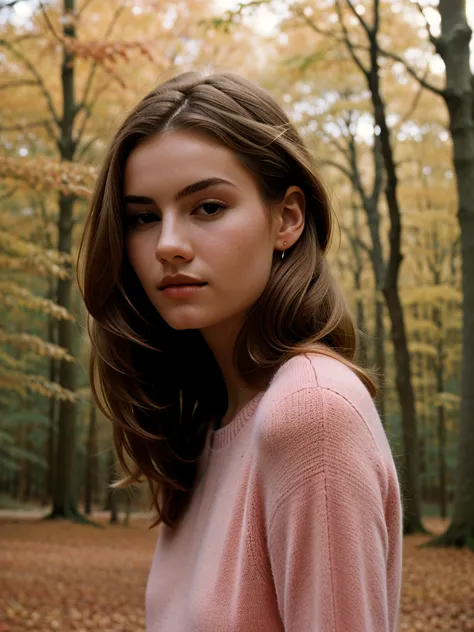 elegant minimalistic photography, 1990s, (beautiful) model wearing a pink jumper, red autumn forest background, natural lighting...