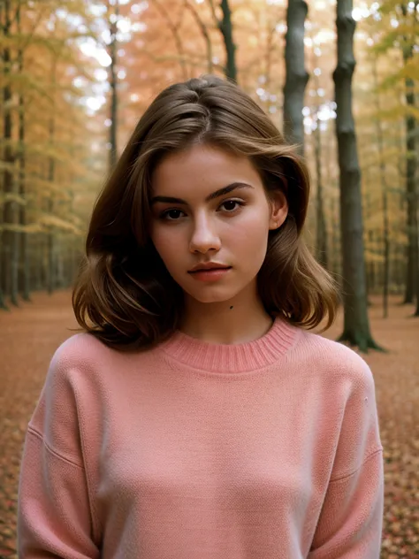 elegant minimalistic photography, 1990s, (beautiful) model wearing a pink jumper, red autumn forest background, natural lighting...