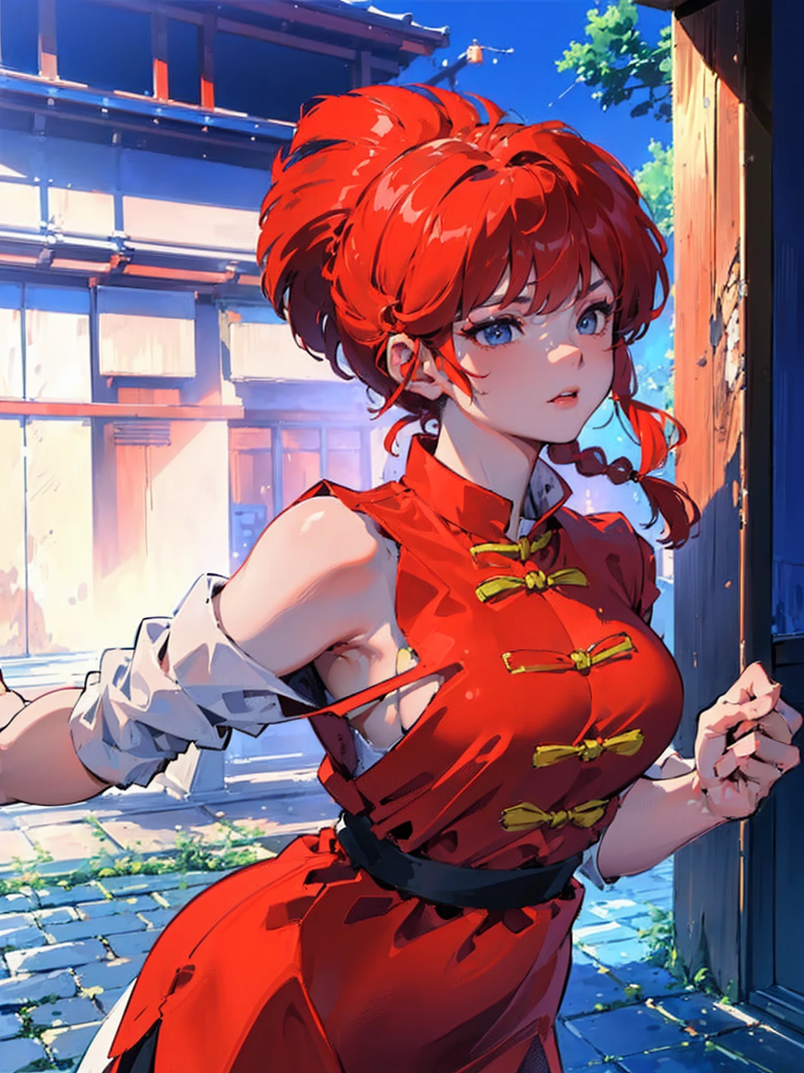 ((masterpiece:1.4)), expensive quality, very_expensive_solve, big_file size, Full Color, Thick outline, Clear contours, colorful, (Beautiful fine details, Are thin:1.4), ((Beautiful Face:1.0)), ((Boyish face:1.4)), 1 girl, (Ranma), (Redhead), short hair, (Braided Ponytail), ((bangs)), bumpy bangs, Blue-gray eyes, Big Breasts, Curvy, Ranma, Braided Ponytail, (Red Chinese Clothing, Short sleeves in red), No sleeve, Tangzhuang, Black trousers, Are standing, ((, Are thin:1.4)), ((from the front:1.4)), Are thin:1.4
