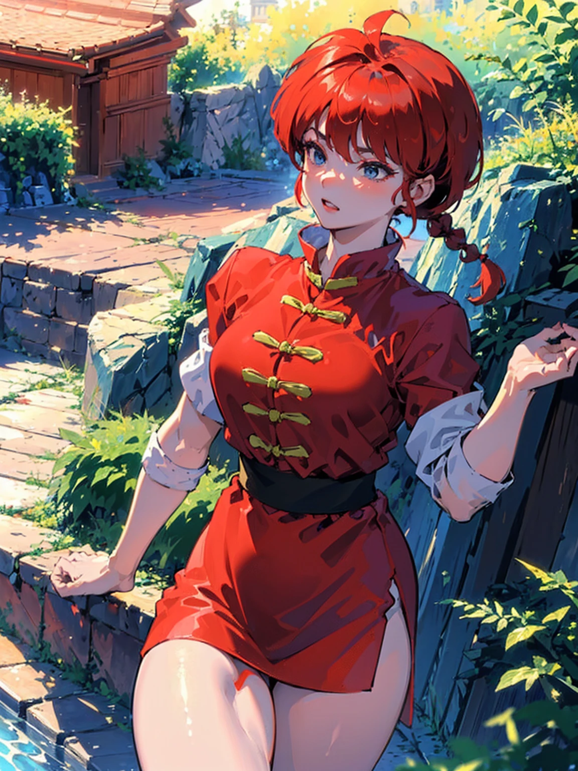 ((masterpiece:1.4)), expensive quality, very_expensive_solve, big_file size, Full Color, Thick outline, Clear contours, colorful, (Beautiful fine details, Are thin:1.4), ((Beautiful Face:1.0)), ((Boyish face:1.4)), 1 girl, (Ranma), (Redhead), short hair, (Braided Ponytail), ((bangs)), bumpy bangs, Blue-gray eyes, Big Breasts, Curvy, Ranma, Braided Ponytail, (Red Chinese Clothing, Short sleeves in red), No sleeve, Tangzhuang, Black trousers, Are standing, ((, Are thin:1.4)), ((from the front:1.4)), Are thin:1.4
