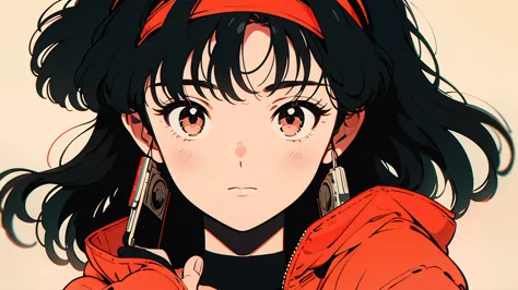 A picture of a girl in anime style holding a cassette tape. The girl has big eyes, black hair, and wears a red hairband. The cas...