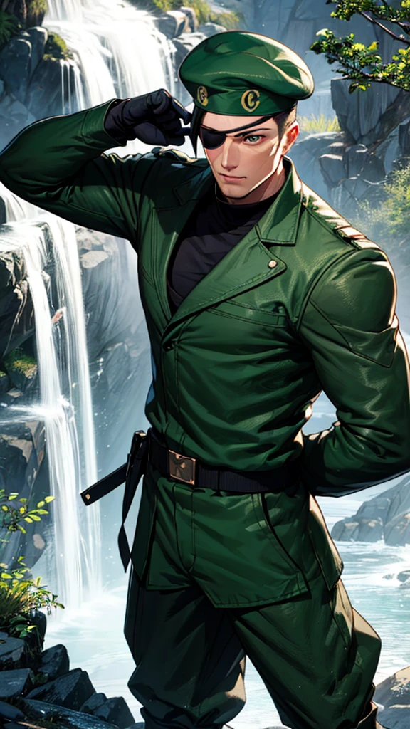 heidern,1guy,eye patch,beret,at the waterfall,green uniform,hands behind back,black shirt,standing,cowboy shot,long sleeves,gloves,masterpiece,highres,sharp focus,cinematic lighting,detailed face,detailed eye,