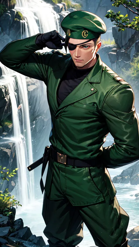 heidern,1guy,eye patch,beret,at the waterfall,green uniform,hands behind back,black shirt,standing,cowboy shot,long sleeves,glov...