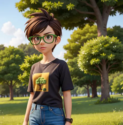 punk girl wearing glasses and a dark shirt, blurred green grass and trees in the background, short brown hair, detailed face, hi...