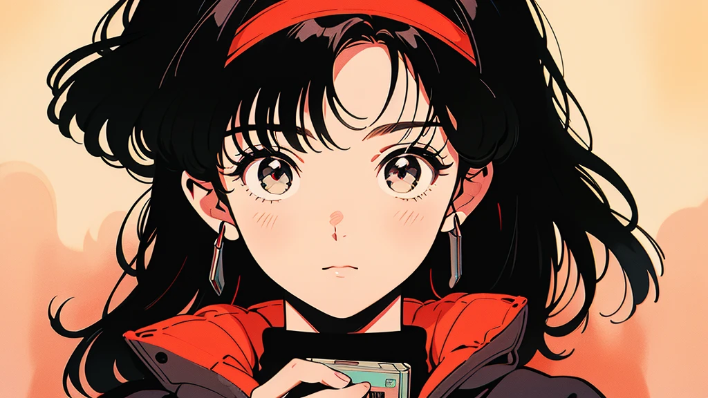 A picture of a girl in anime style holding a cassette tape. The girl has big eyes, black hair, and wears a red hairband. The cassette tape is red and she holds it up in front of her face. The background is simple and the main focus is on the girl and the cassette tape.