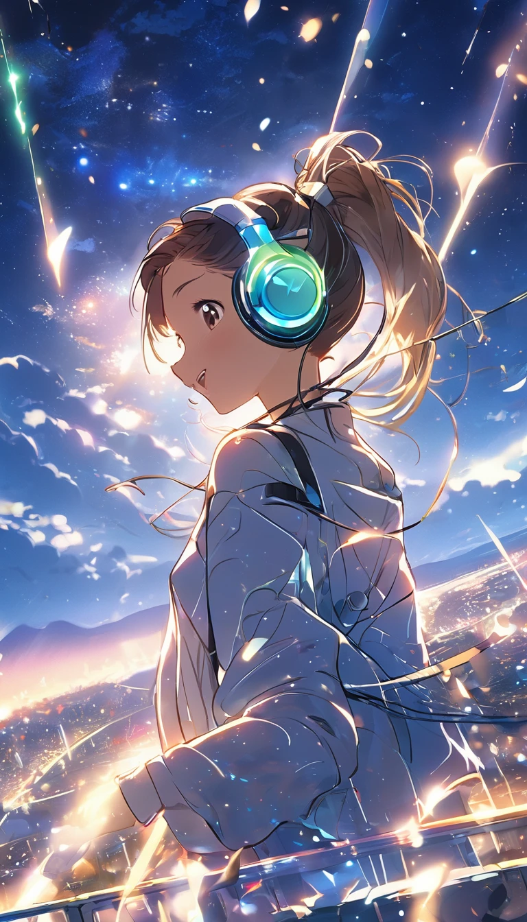  Night view, ponytail, Brown eyes, Flat Chest,  of the future, Aurora shining in the night sky, beautiful, Headphones，dazzling and，Light Spark Link