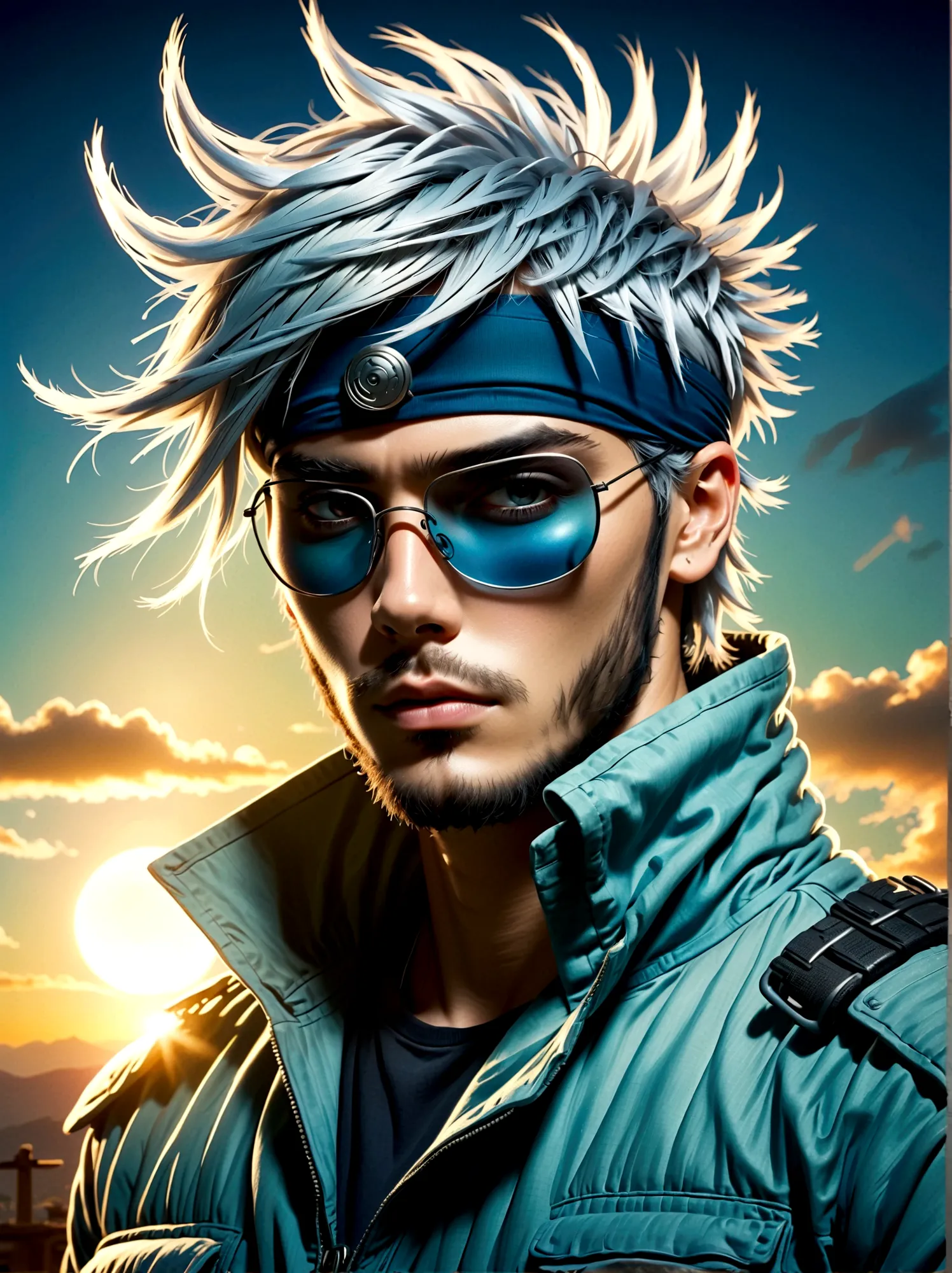 A fictional anime character sporting a silver spiky hair, wearing a headband tilted to cover one eye. He is dressed in a typical...