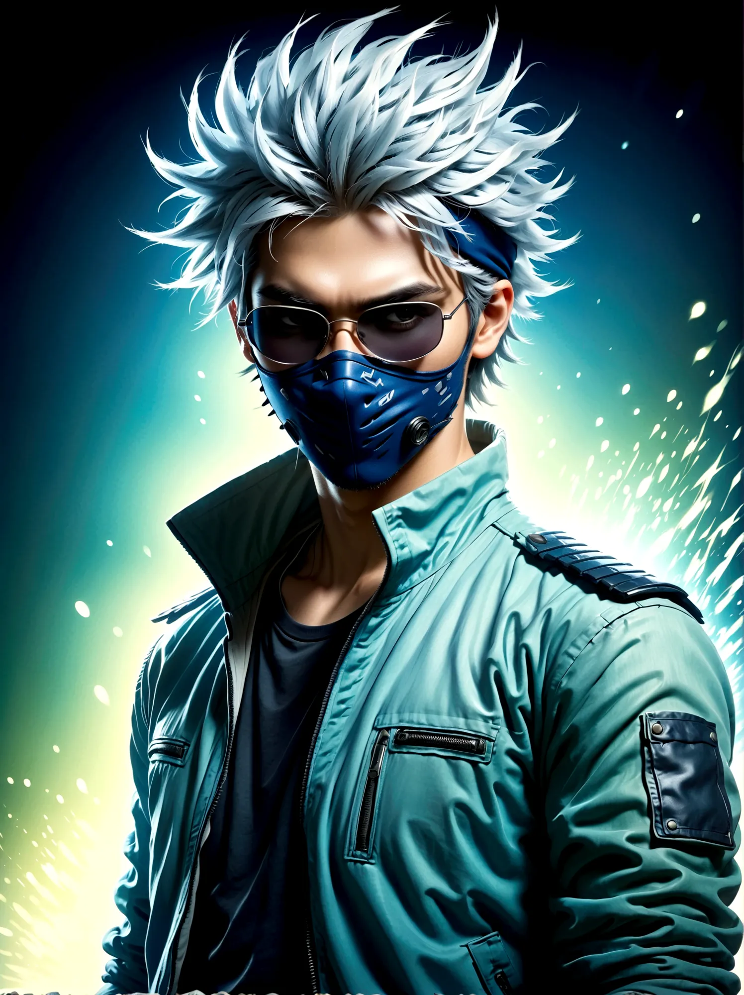 a fictional anime character sporting a silver spiky hair, wearing a headband tilted to cover one eye. he is dressed in a typical...