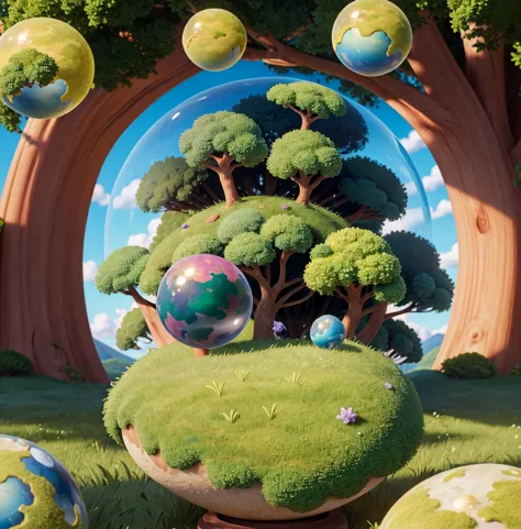 (((masterpiece))) (((best quality))) glass sphere, close-up of a planet with a bunch of trees on it, overgrown planet, green pla...