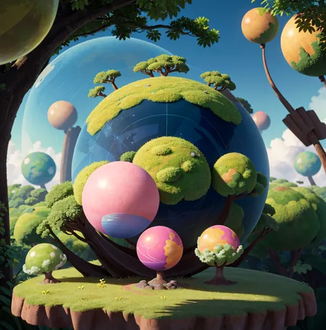 (((masterpiece))) (((best quality))) glass sphere, close-up of a planet with a bunch of trees on it, overgrown planet, green pla...