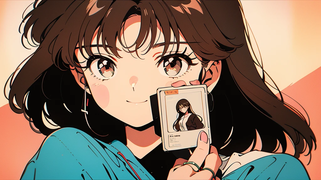 An anime style drawing of a girl holding a cassette tape. The girl has big eyes, brown hair, and wears casual clothes. The cassette tape is red and labeled ``1980...''. The girl is smiling and holding the cassette up in front of her face. The background is simple and the main focus is on the girl and the cassette tape.