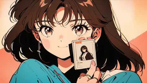 An anime style drawing of a girl holding a cassette tape. The girl has big eyes, brown hair, and wears casual clothes. The casse...