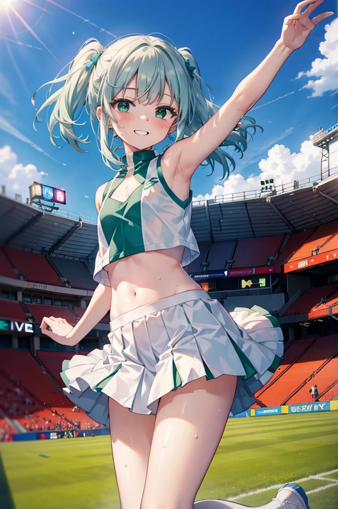 index, index,Silver Hair, (Green Eyes:1.5),Long Hair, (Flat Chest:1.2),Grin,tooth,Daytime,Clear skies,
,(cheer leading), (whole body), Lower, (Sweaty), Sweaty Wet Clothes, (White clothes),No sleeve, Pleated skirt,Black socks,sneakers, Belly button support, playground, (Jump), (Jump), 足を曲げてJumpする, air, blue sky, Grass原, smile,Cheerleader, Pom-pom \(cheer leading\)have, Grass, smile, whole bodyがイラストに入るように,
break looking at viewer, whole body,(Cowboy Shot:1. 5) ,
break indoors, Stadium,crowd, people々々,
break (masterpiece:1.2), Highest quality, High resolution, unity 8k wallpaper, (shape:0.8), (Fine and beautiful eyes:1.6), Highly detailed face, Perfect lighting, Highly detailed CG, (Perfect hands, Perfect Anatomy),