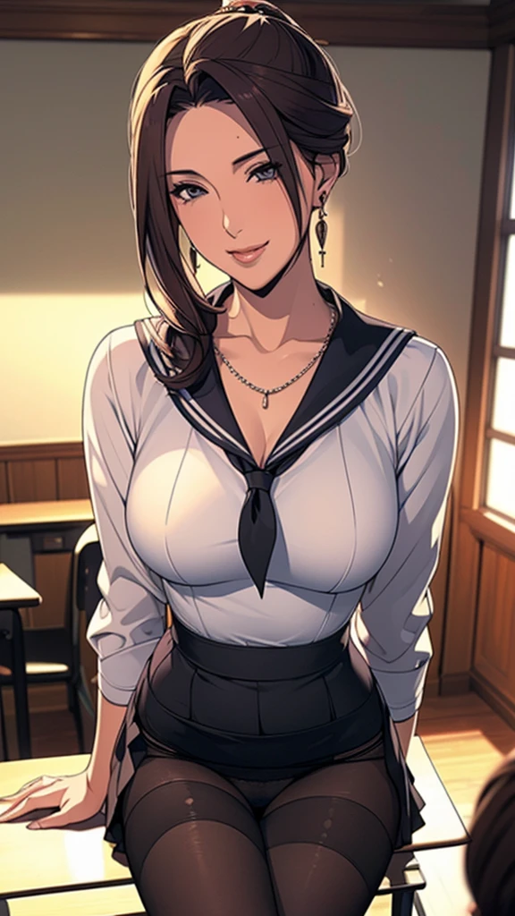 (((Highest quality))),(((High resolution))),((Correct Anatomy))、((Sailor suit))、(((Long Hair))),(((Highest quality))),(((Correct Anatomy))),(((school uniform)))、((((Black panties)))), ((Black Pantyhose)),((Pleated skirt)),((Fancy Lingerie)),((Black knee-high stockings)),((A shy smile)),(Tabletop, Highest quality, High resolution, , Pixel perfect, 4K,), (((Mature MILF)))、(One mature woman)、((Long Hair))、((ponytail))、I could see the whole body, Soft Breasts, Dynamic Angle, Perfect body, ((Earrings、necklace,Pleated skirt)),Office chair、sit