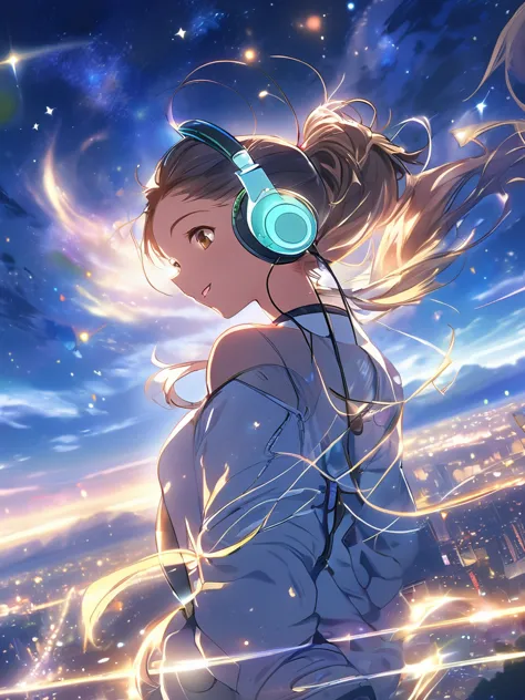  Night view, ponytail, Brown eyes, Flat Chest,  of the future, Aurora shining in the night sky, beautiful, Headphones，dazzling a...
