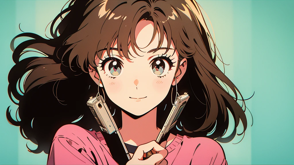 An anime style drawing of a girl holding a cassette tape. The girl has big eyes, brown hair, and wears casual clothes. The cassette tape is red and labeled ``1980...''. The girl is smiling and holding the cassette up in front of her face. The background is simple and the main focus is on the girl and the cassette tape.