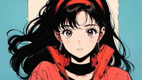 A picture of a girl in anime style holding a cassette tape. The girl has big eyes, black hair, and wears a red hairband. The cas...