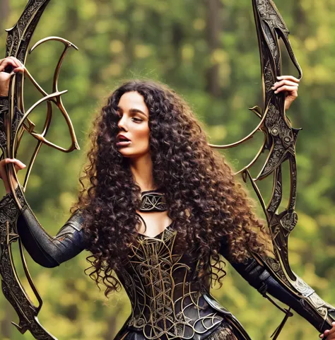best quality, masterpiece, ultra high res, strong woman, long curly hair, leather armor, medieval clothing, archer, elaborate bo...