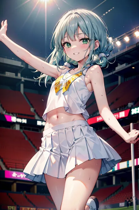 index, index,Silver Hair, (Green Eyes:1.5),Long Hair, (Flat Chest:1.2),Grin,tooth,Daytime,Clear skies,
,(cheer leading), (whole ...