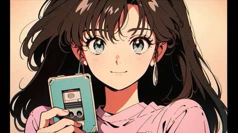 An anime style drawing of a girl holding a cassette tape. The background is simple and the main focus is on the girl and the cas...