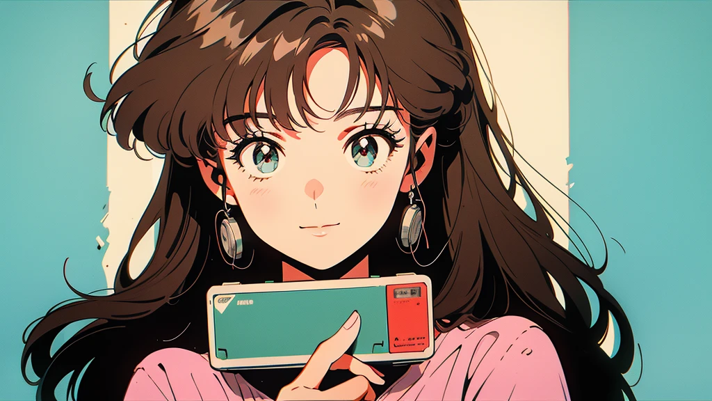 An anime style drawing of a girl holding a cassette tape. The background is simple and the main focus is on the girl and the cassette tape. The girl has big eyes, brown hair, and wears casual clothes. The cassette tape is red and labeled ``1980...''. The girl is smiling and holding the cassette up in front of her face.